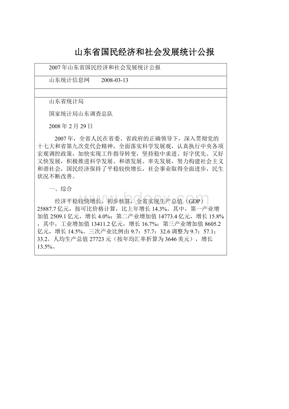 山东省国民经济和社会发展统计公报Word下载.docx