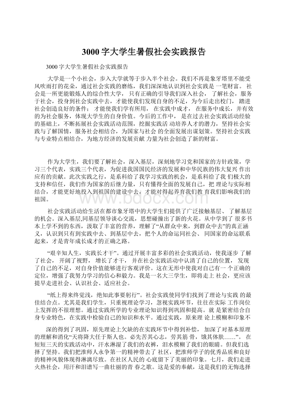 3000字大学生暑假社会实践报告Word文档下载推荐.docx