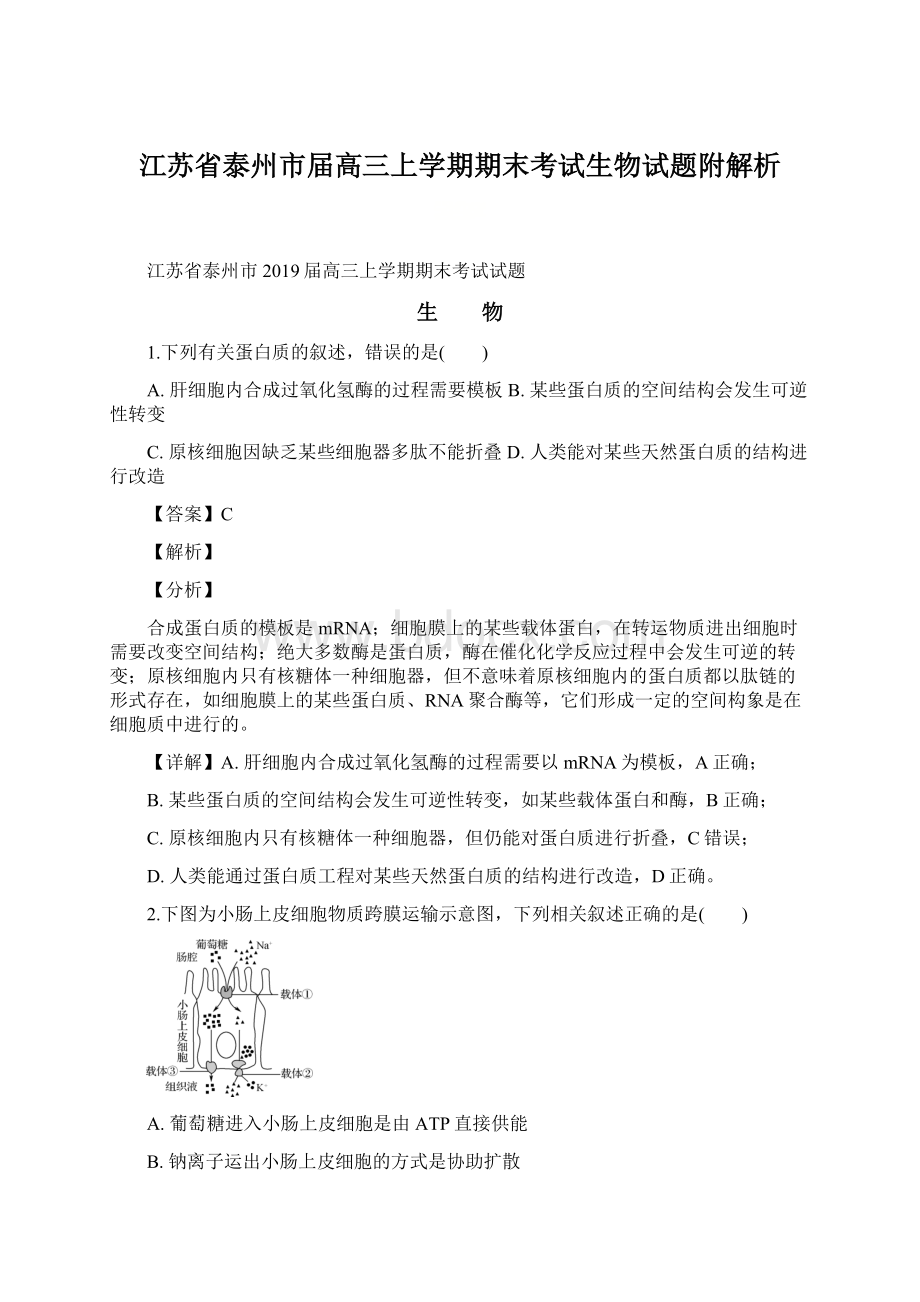 江苏省泰州市届高三上学期期末考试生物试题附解析.docx_第1页