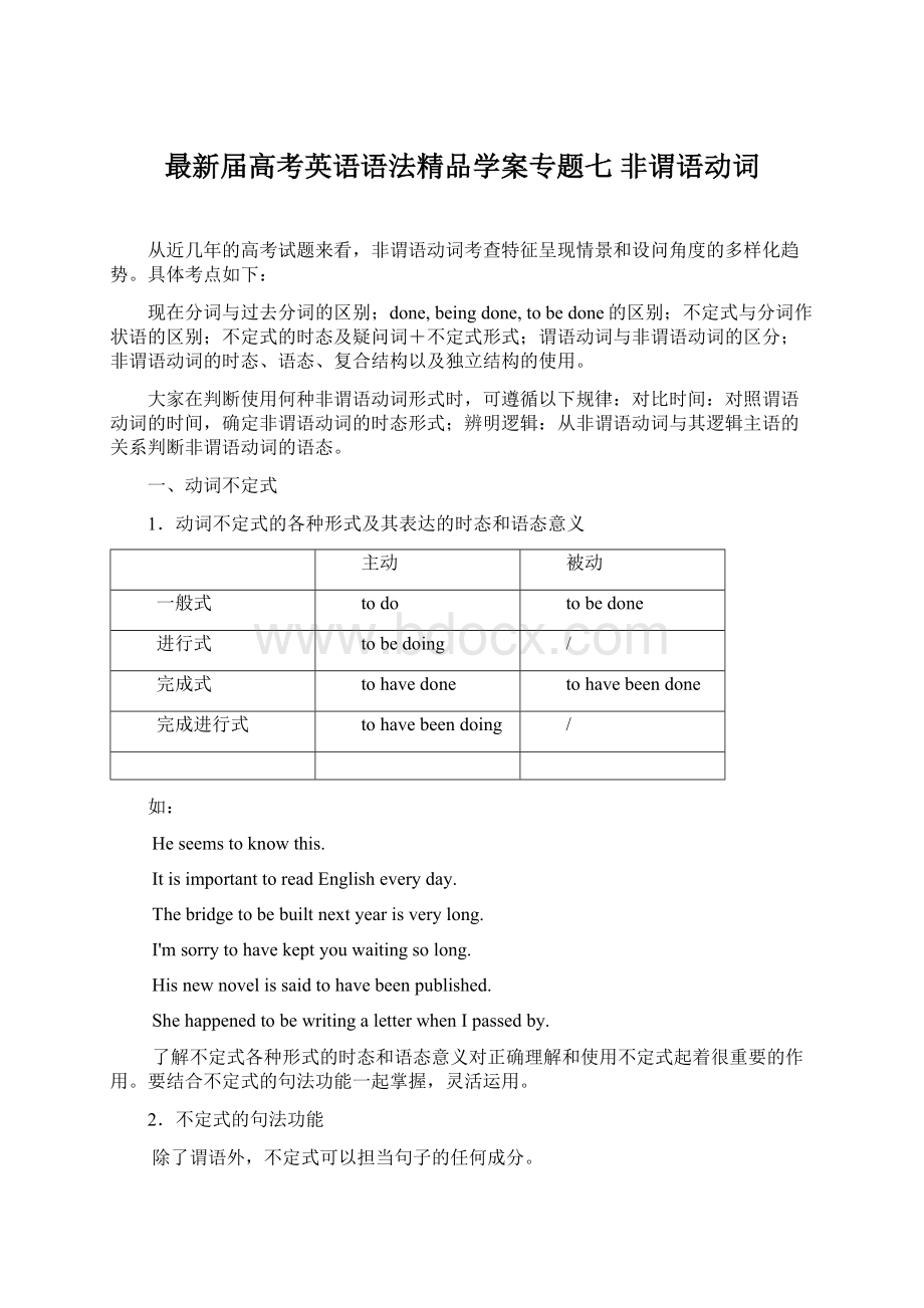 最新届高考英语语法精品学案专题七 非谓语动词.docx_第1页