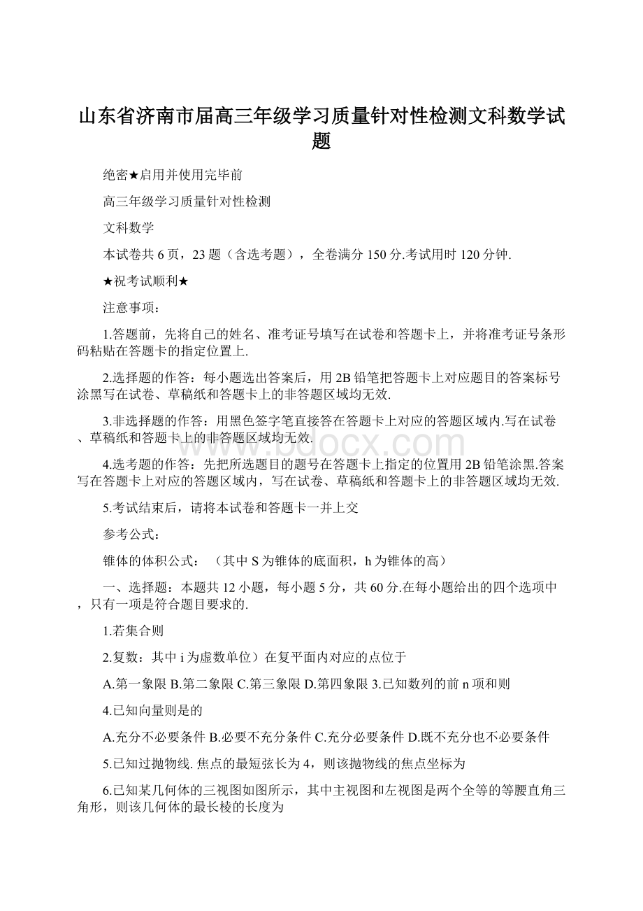 山东省济南市届高三年级学习质量针对性检测文科数学试题.docx