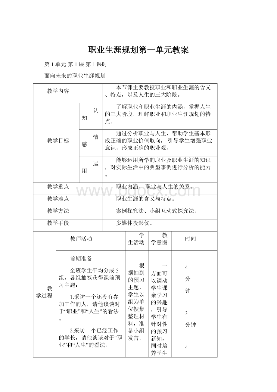 职业生涯规划第一单元教案Word文件下载.docx_第1页