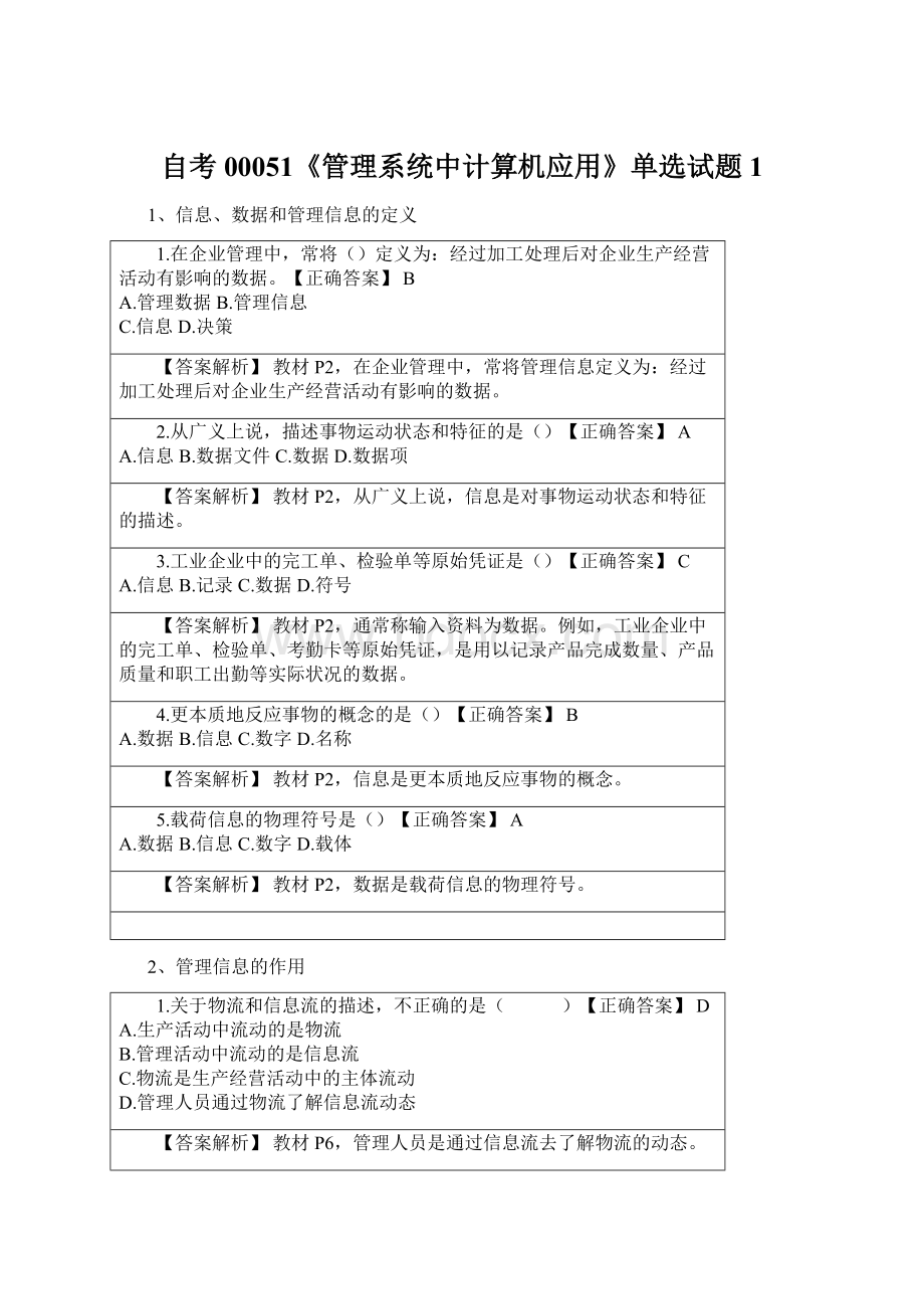 自考00051《管理系统中计算机应用》单选试题1Word下载.docx_第1页