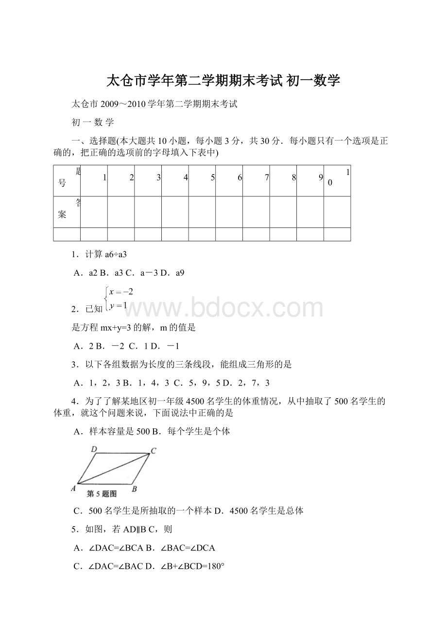 太仓市学年第二学期期末考试 初一数学.docx_第1页