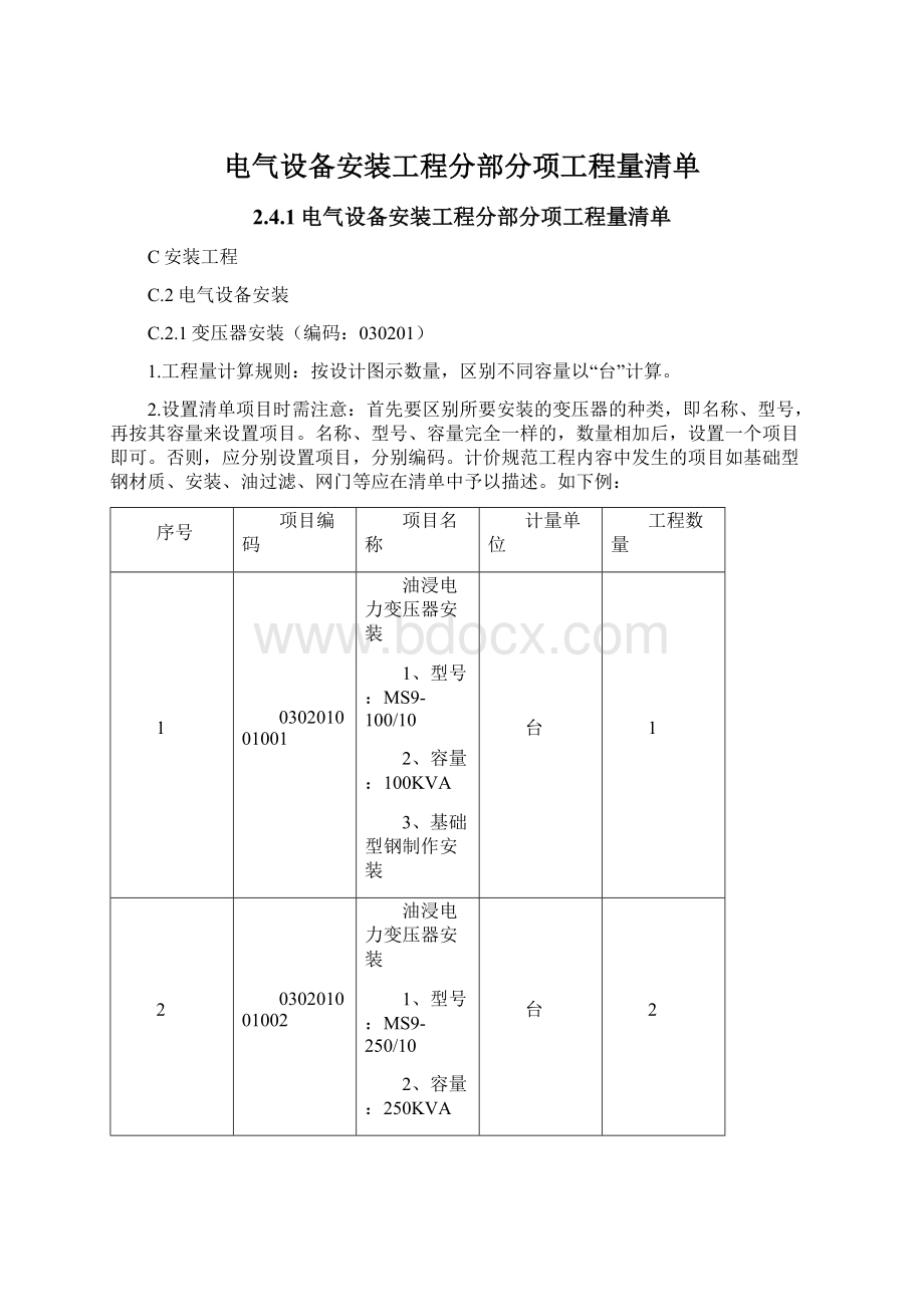 电气设备安装工程分部分项工程量清单.docx_第1页