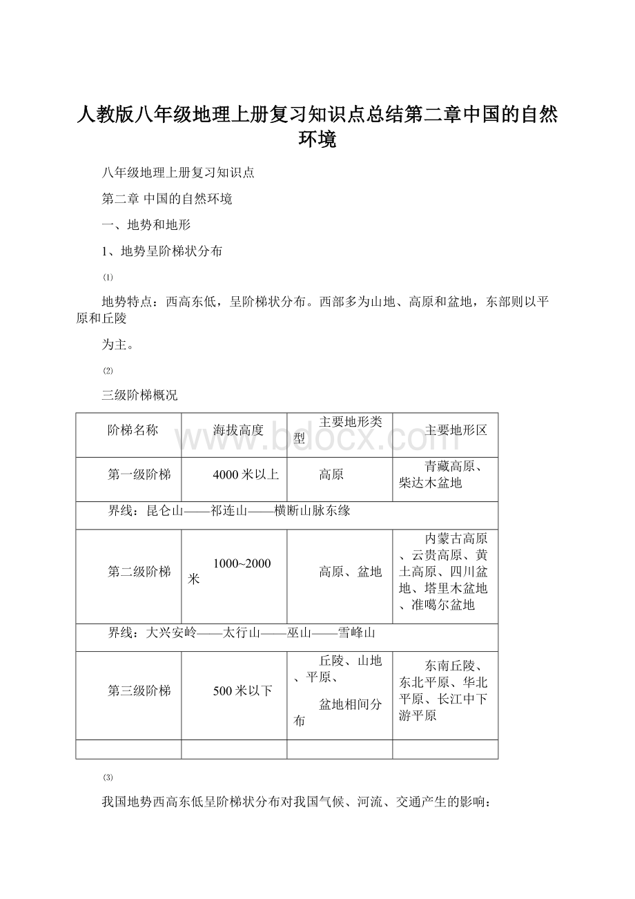 人教版八年级地理上册复习知识点总结第二章中国的自然环境.docx