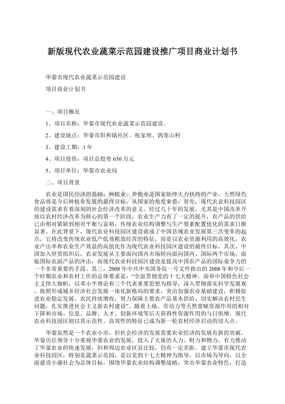 新版现代农业蔬菜示范园建设推广项目商业计划书Word格式.docx