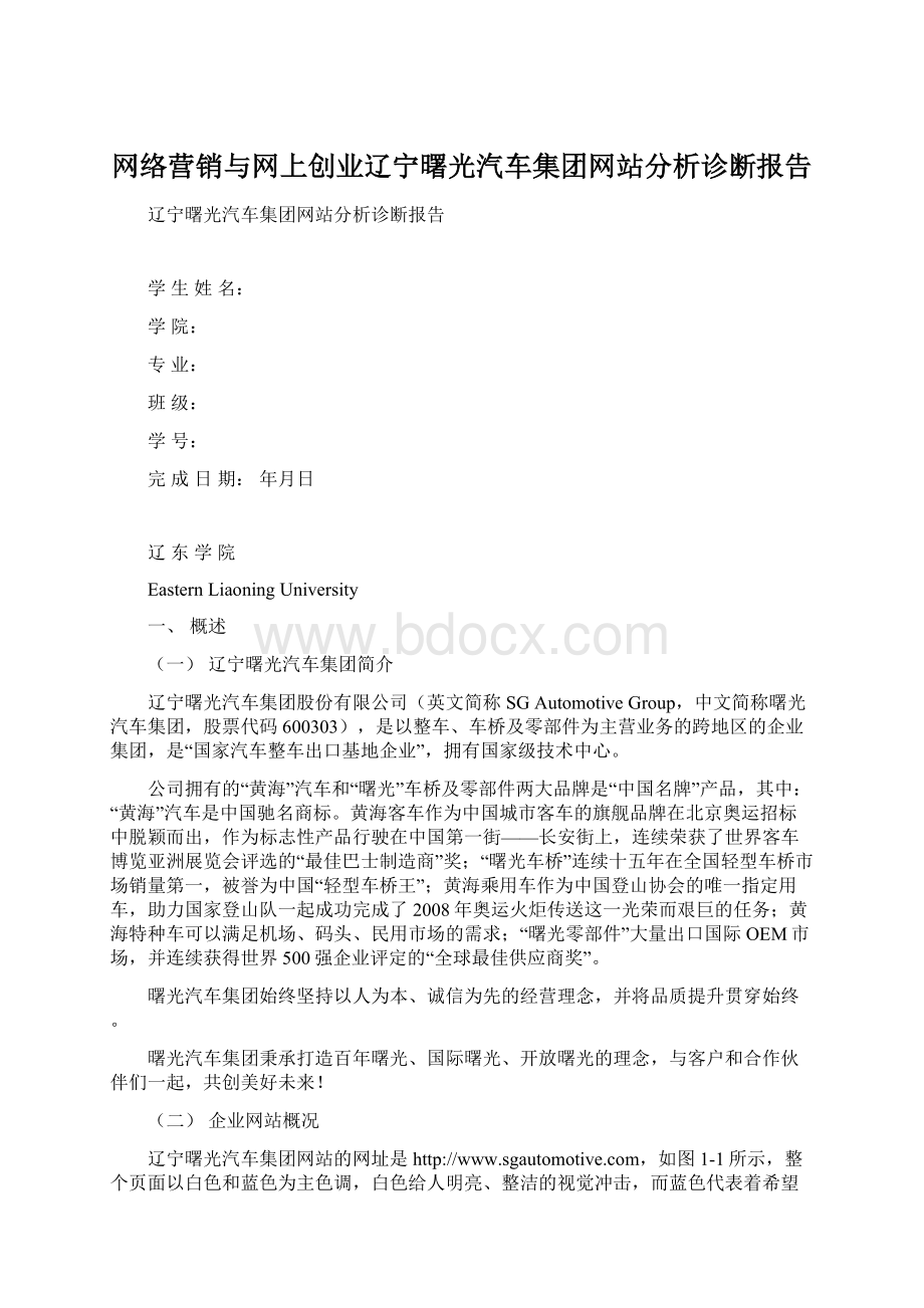 网络营销与网上创业辽宁曙光汽车集团网站分析诊断报告Word文档格式.docx