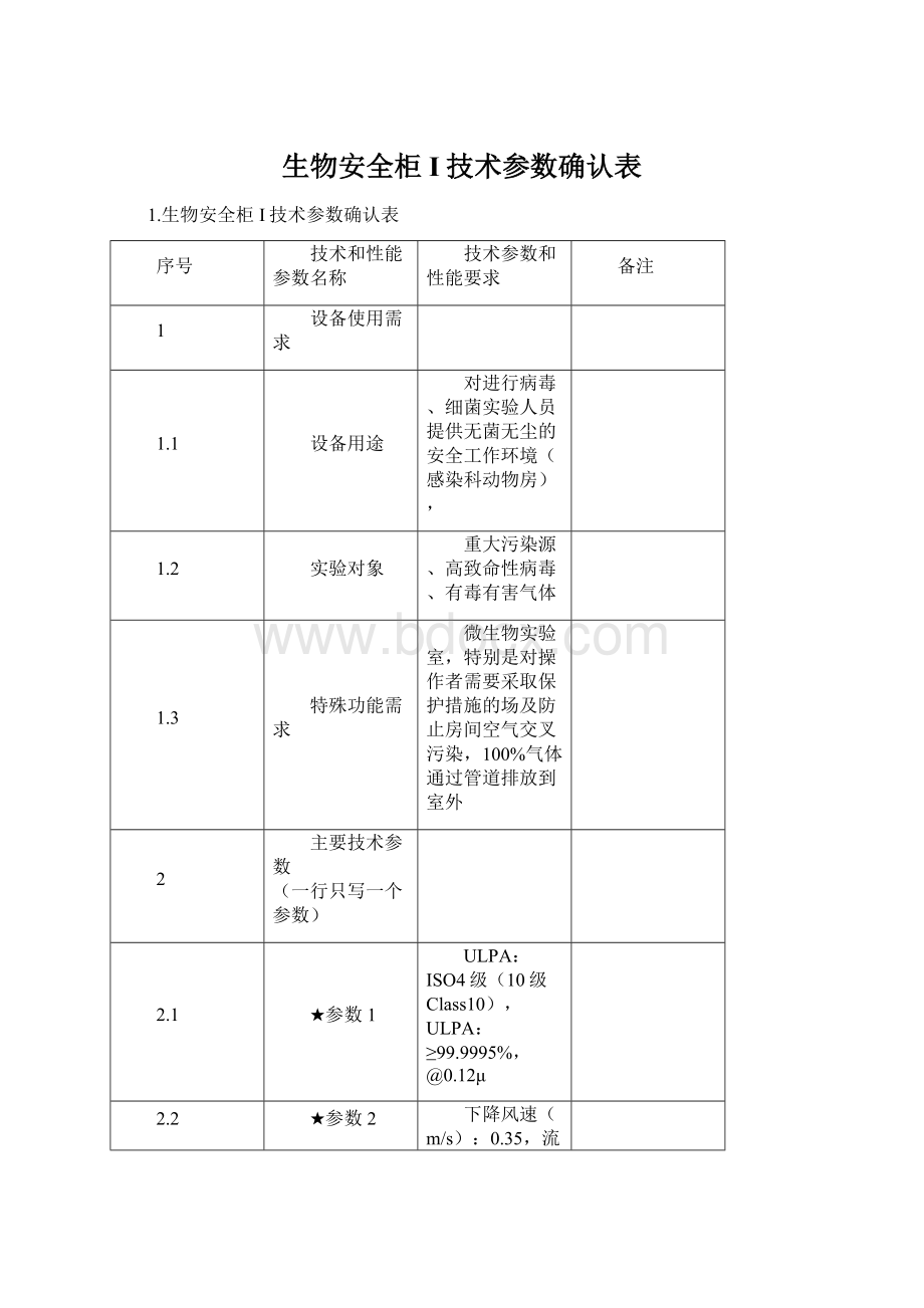 生物安全柜I技术参数确认表Word格式.docx_第1页