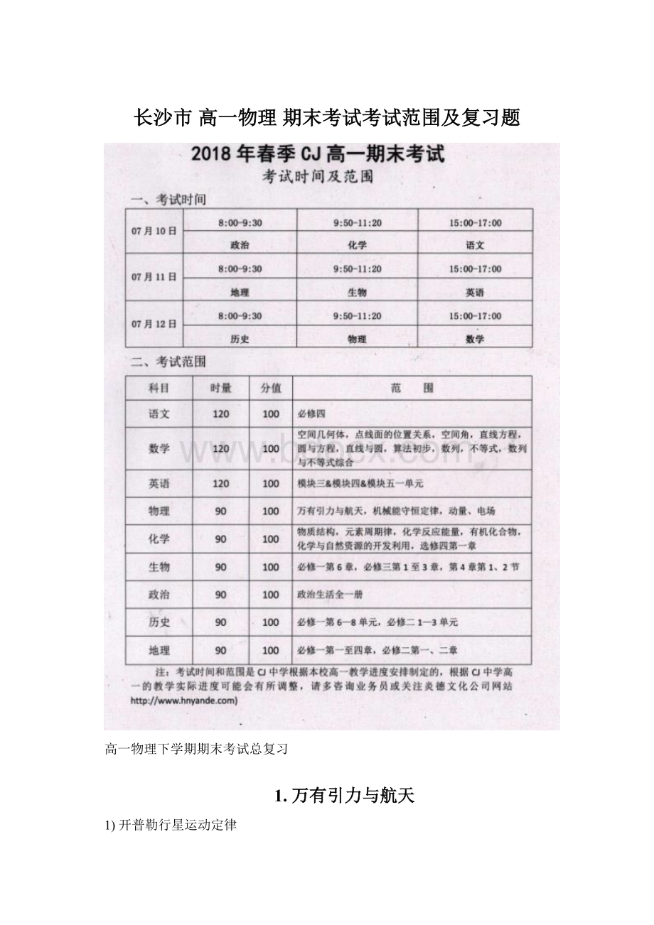 长沙市 高一物理 期末考试考试范围及复习题Word文件下载.docx_第1页