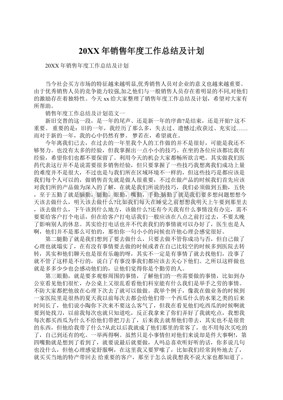 20XX年销售年度工作总结及计划Word格式文档下载.docx_第1页