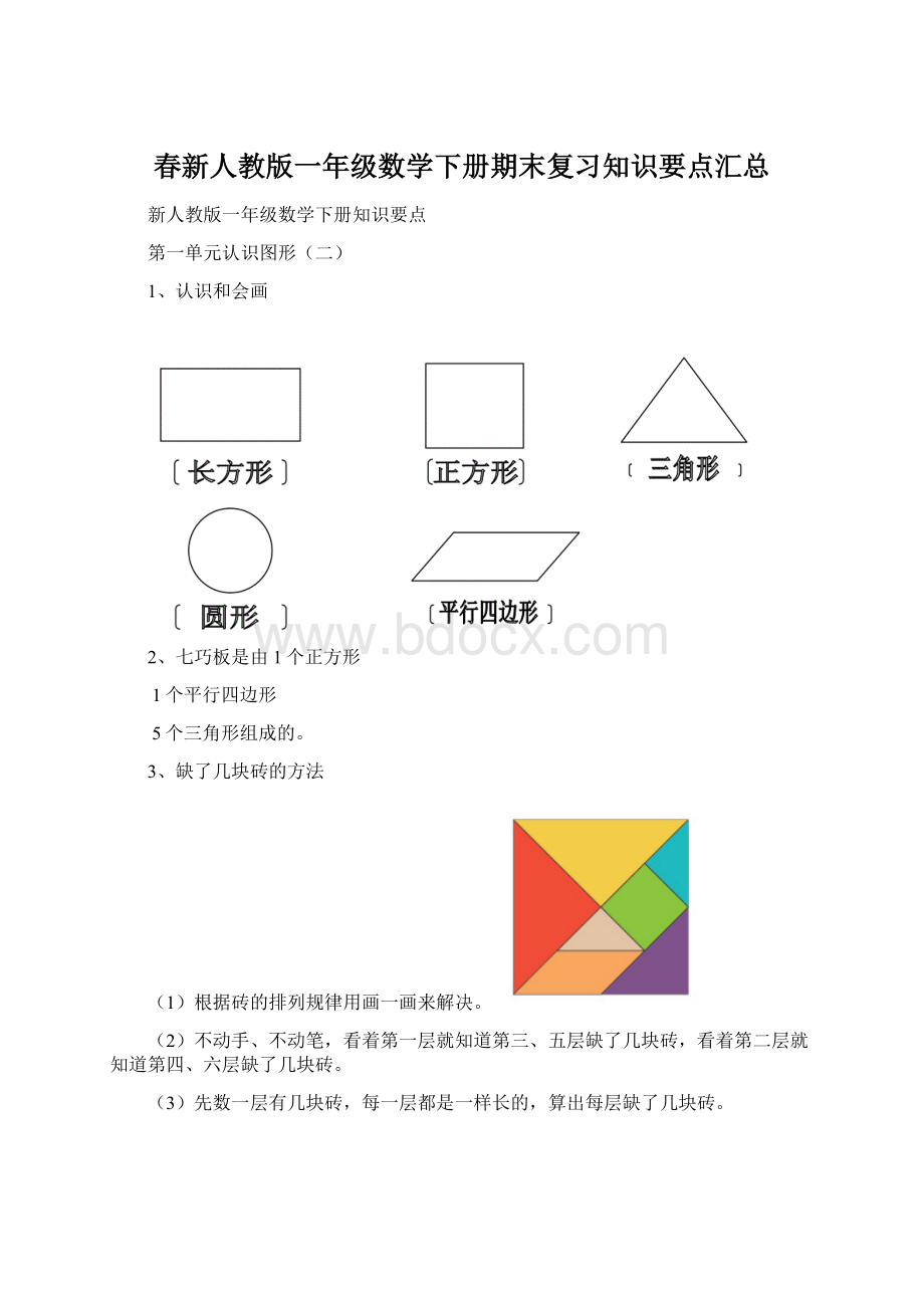 春新人教版一年级数学下册期末复习知识要点汇总Word格式.docx_第1页