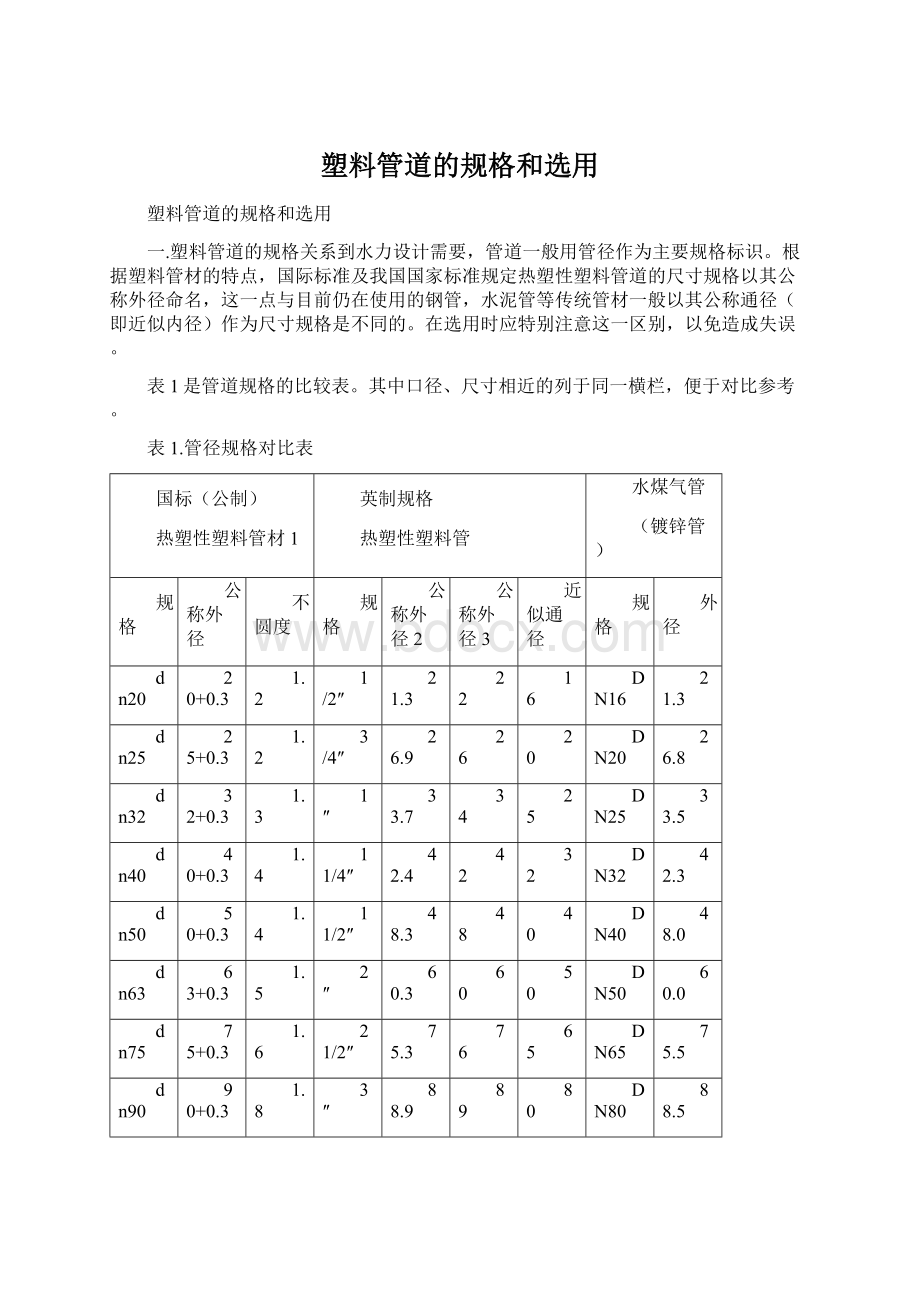 塑料管道的规格和选用Word文件下载.docx