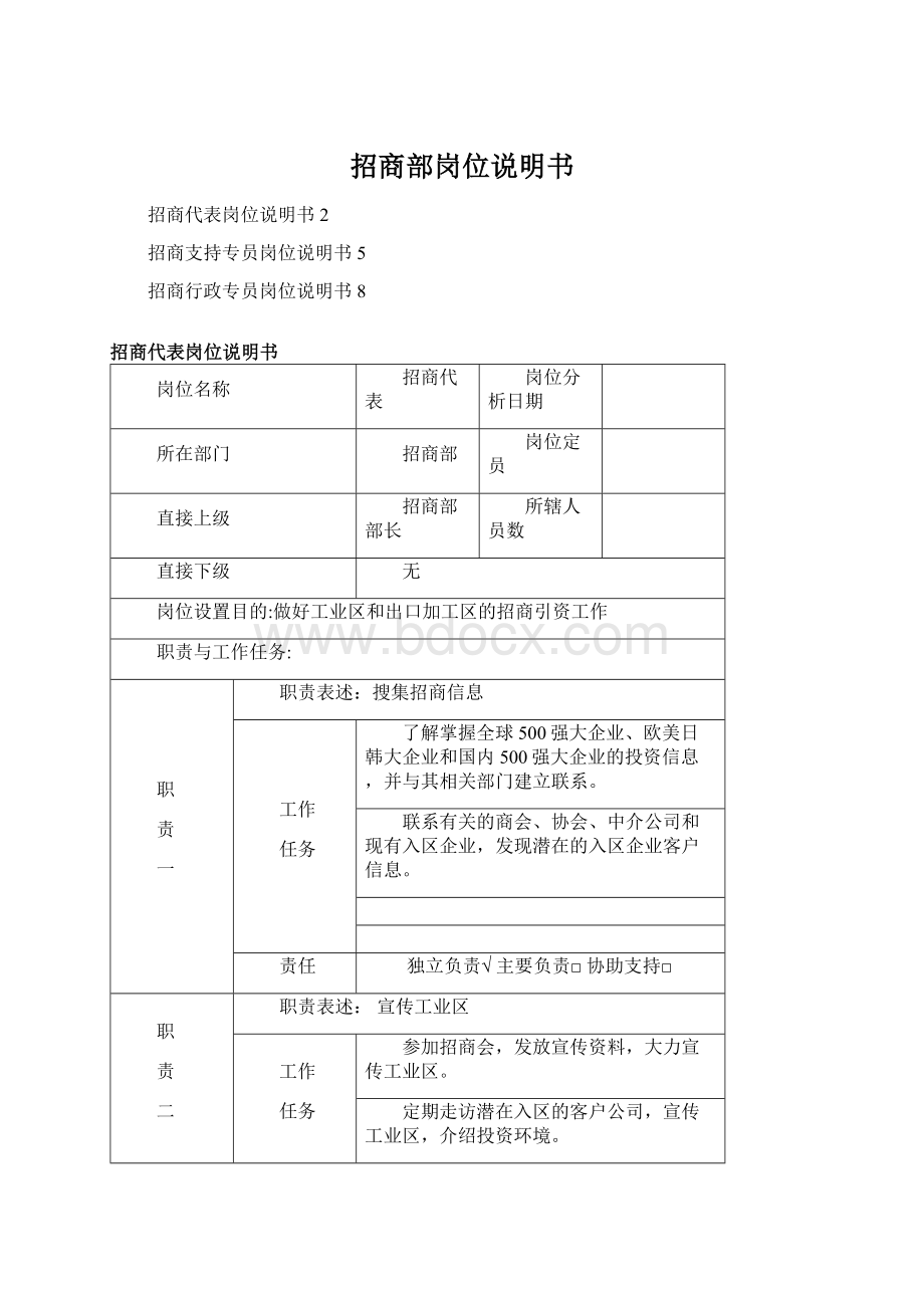 招商部岗位说明书Word文档格式.docx