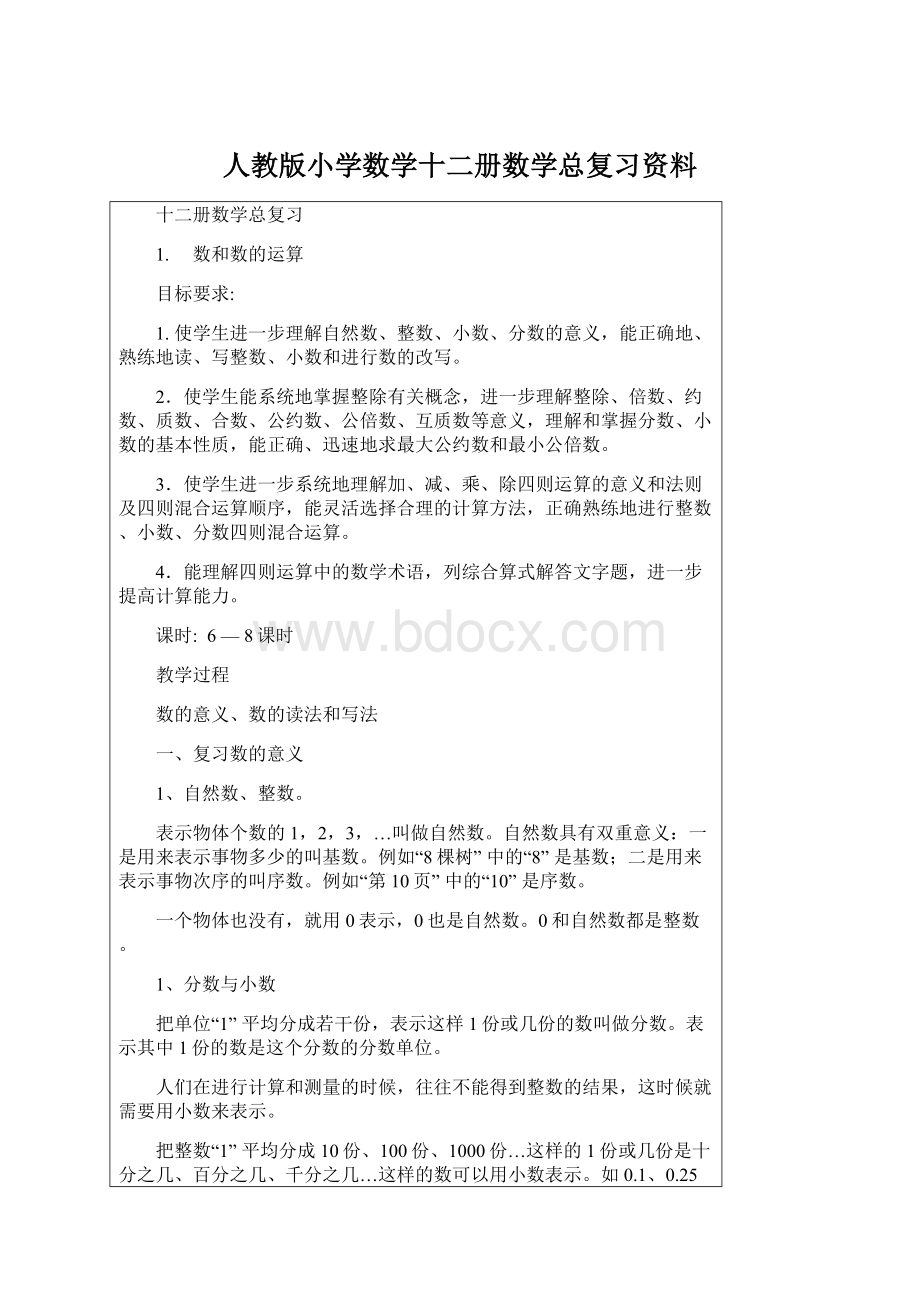 人教版小学数学十二册数学总复习资料.docx_第1页