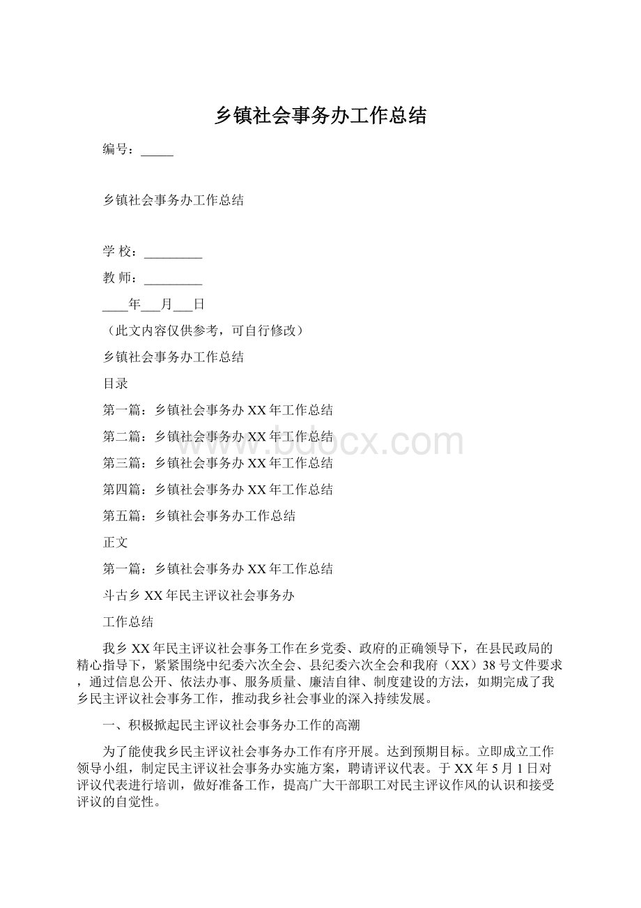 乡镇社会事务办工作总结文档格式.docx