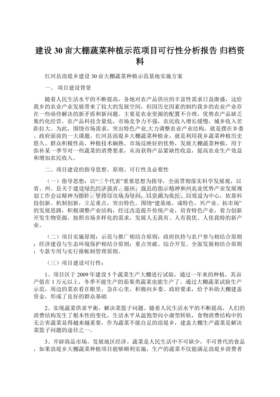 建设30亩大棚蔬菜种植示范项目可行性分析报告 归档资料Word文档格式.docx_第1页