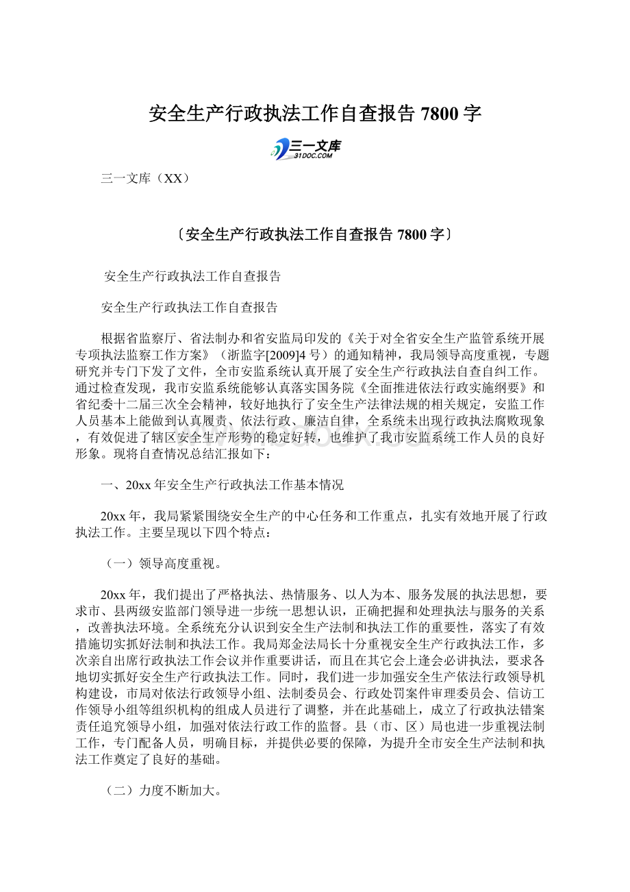 安全生产行政执法工作自查报告 7800字Word文件下载.docx