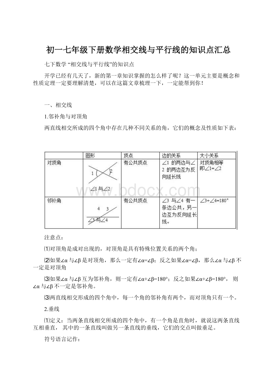 初一七年级下册数学相交线与平行线的知识点汇总.docx