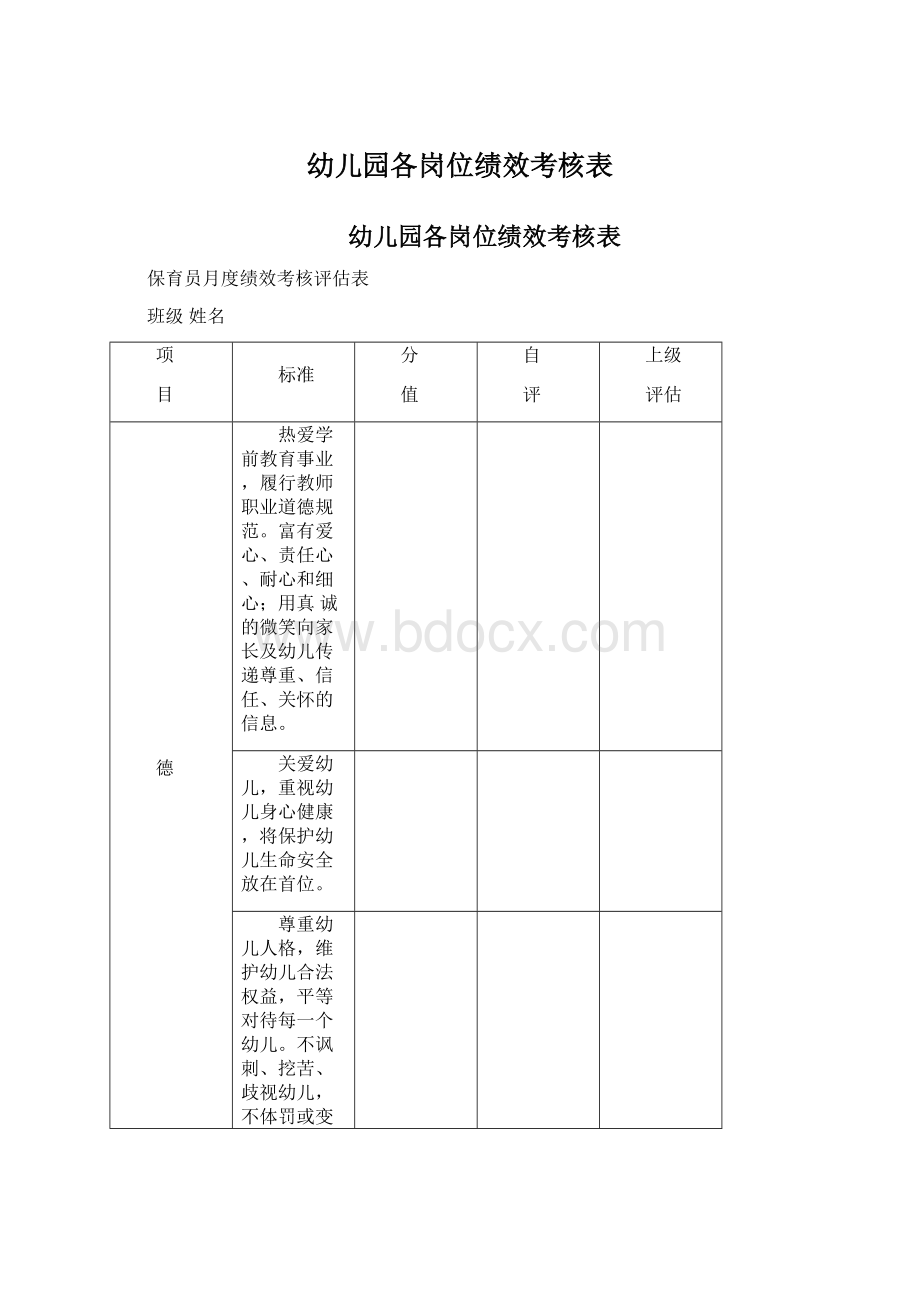 幼儿园各岗位绩效考核表Word文档格式.docx