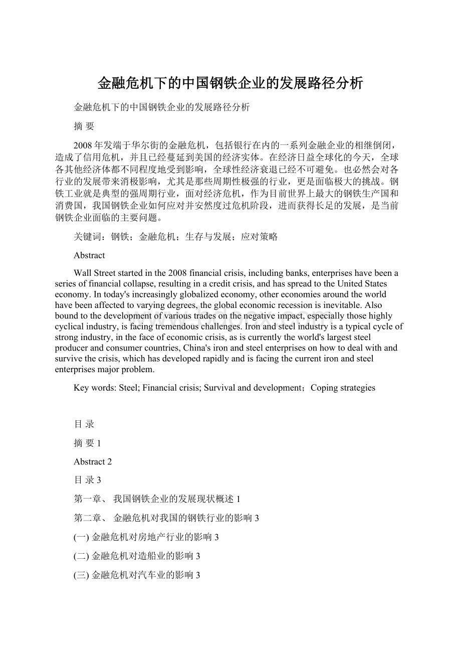 金融危机下的中国钢铁企业的发展路径分析Word格式文档下载.docx