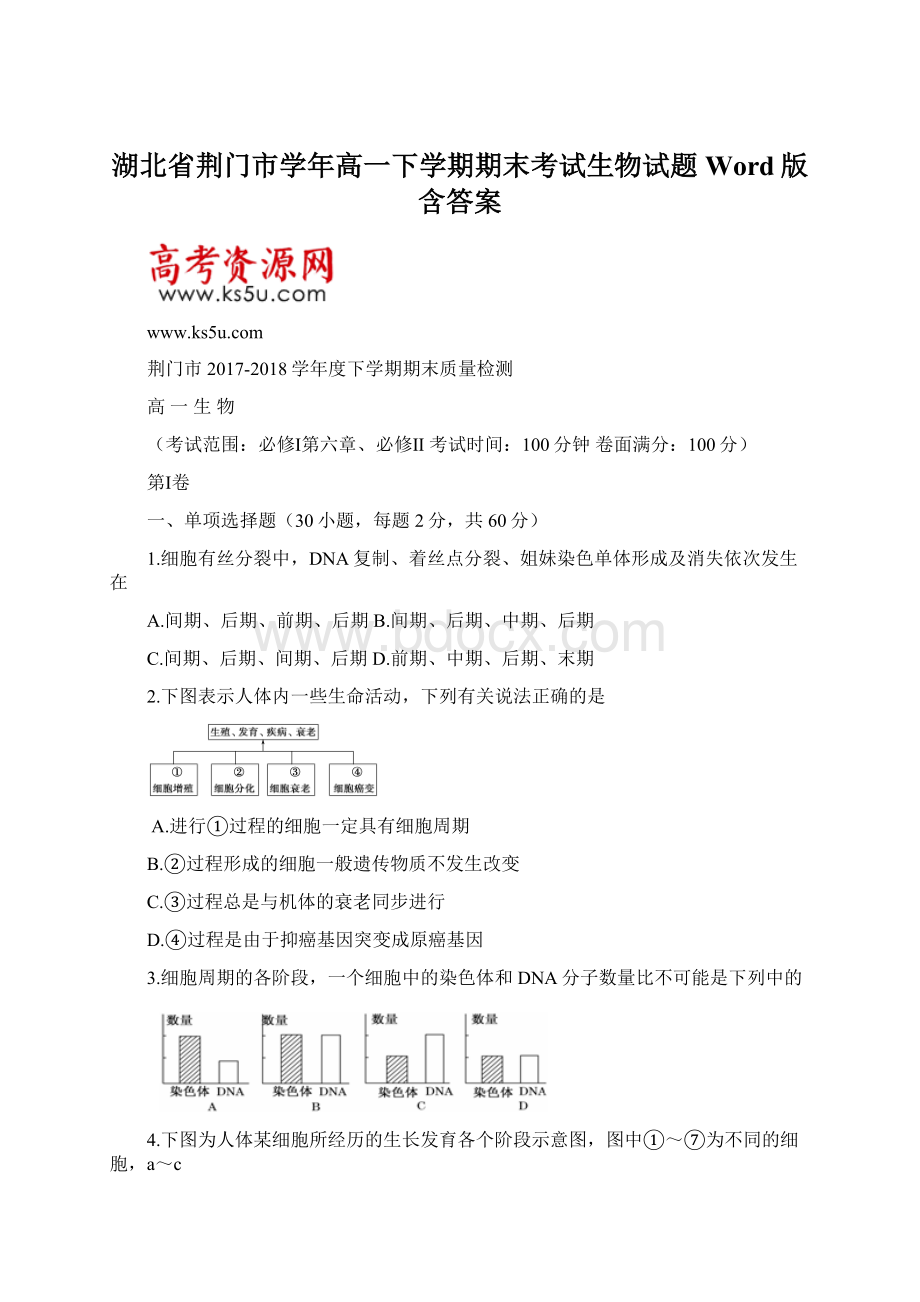 湖北省荆门市学年高一下学期期末考试生物试题 Word版含答案.docx