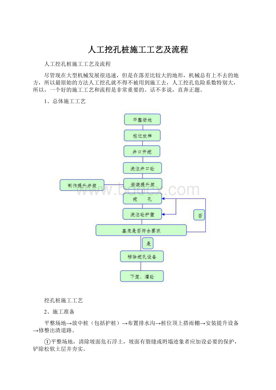 人工挖孔桩施工工艺及流程Word文档格式.docx