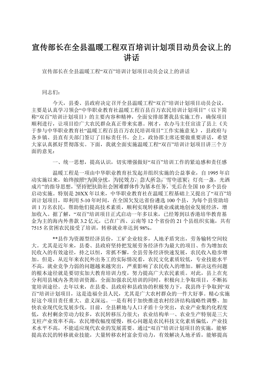 宣传部长在全县温暖工程双百培训计划项目动员会议上的讲话.docx