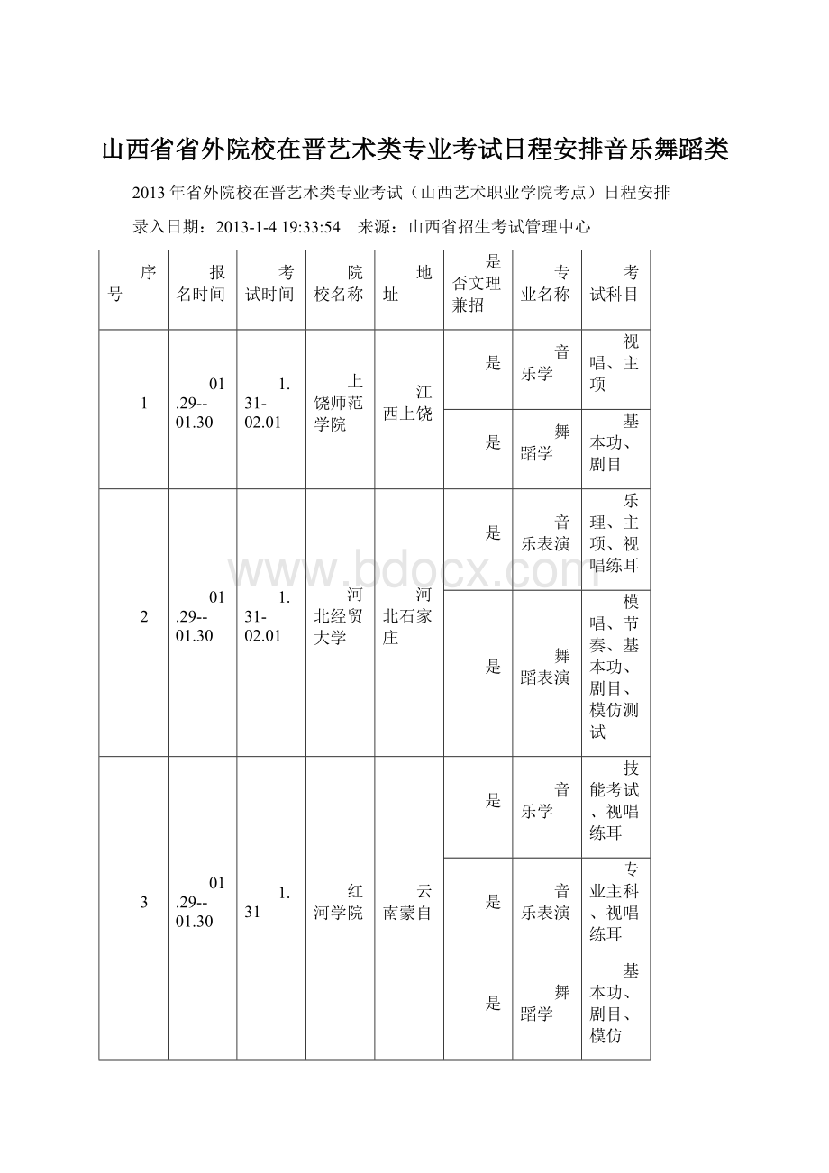 山西省省外院校在晋艺术类专业考试日程安排音乐舞蹈类Word文档下载推荐.docx