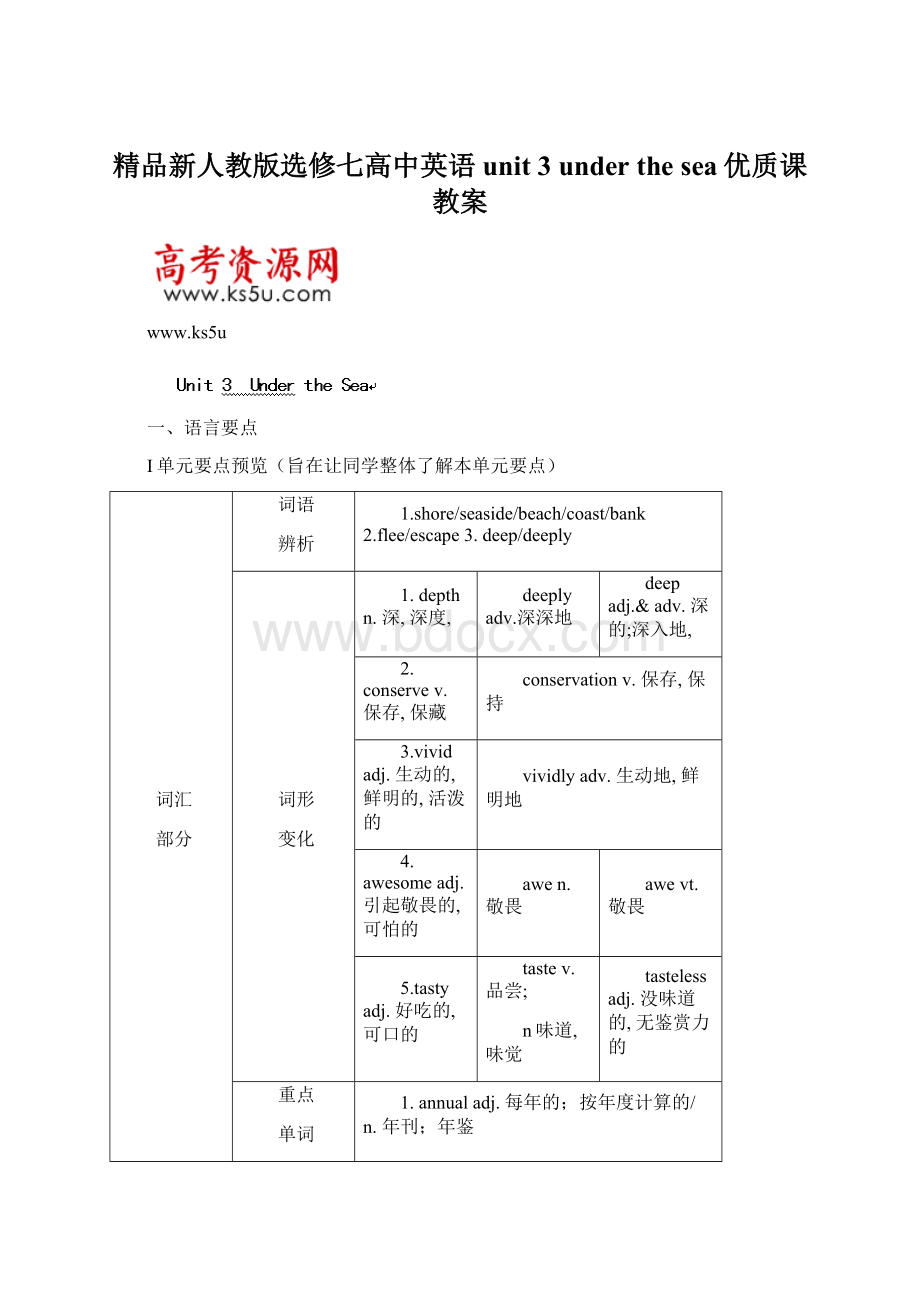 精品新人教版选修七高中英语unit 3under the sea优质课教案Word格式.docx_第1页