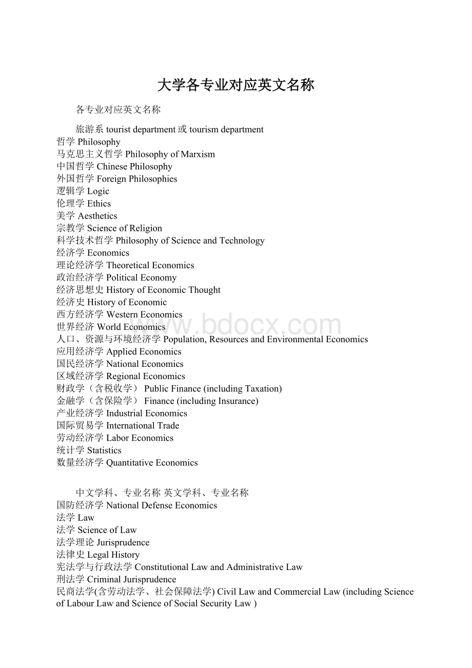 大学各专业对应英文名称文档格式.docx_第1页