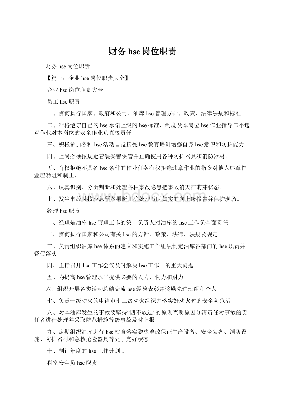 财务hse岗位职责Word文档下载推荐.docx