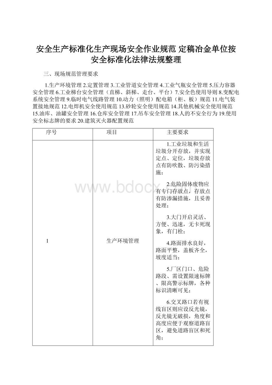 安全生产标准化生产现场安全作业规范 定稿冶金单位按安全标准化法律法规整理.docx_第1页