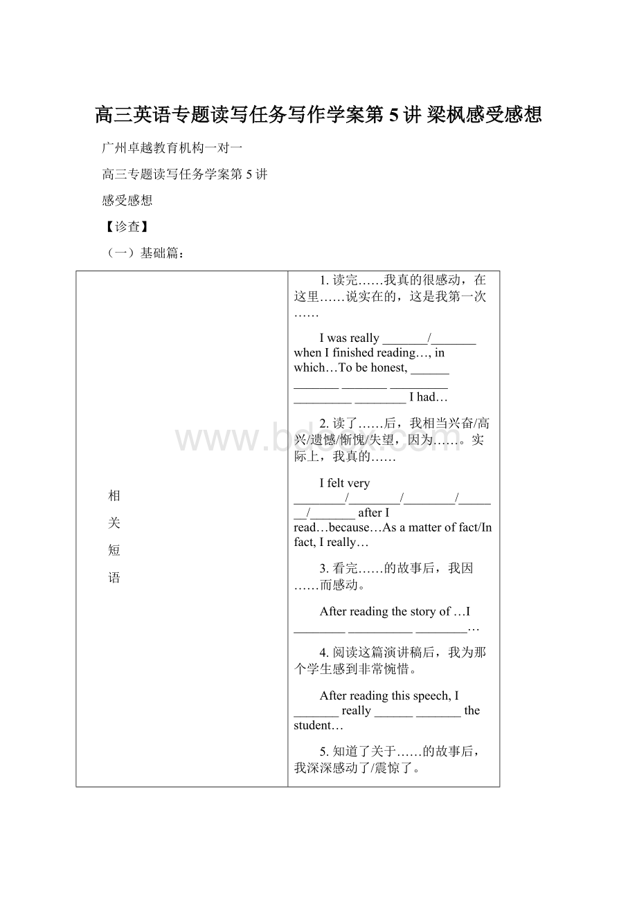 高三英语专题读写任务写作学案第5讲 梁枫感受感想Word格式.docx_第1页