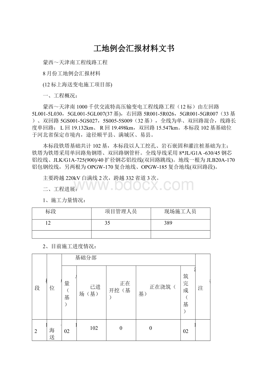 工地例会汇报材料文书Word文档格式.docx