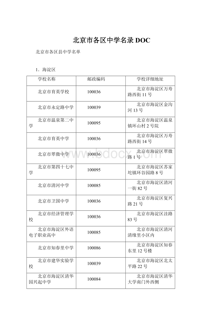 北京市各区中学名录DOCWord文件下载.docx_第1页