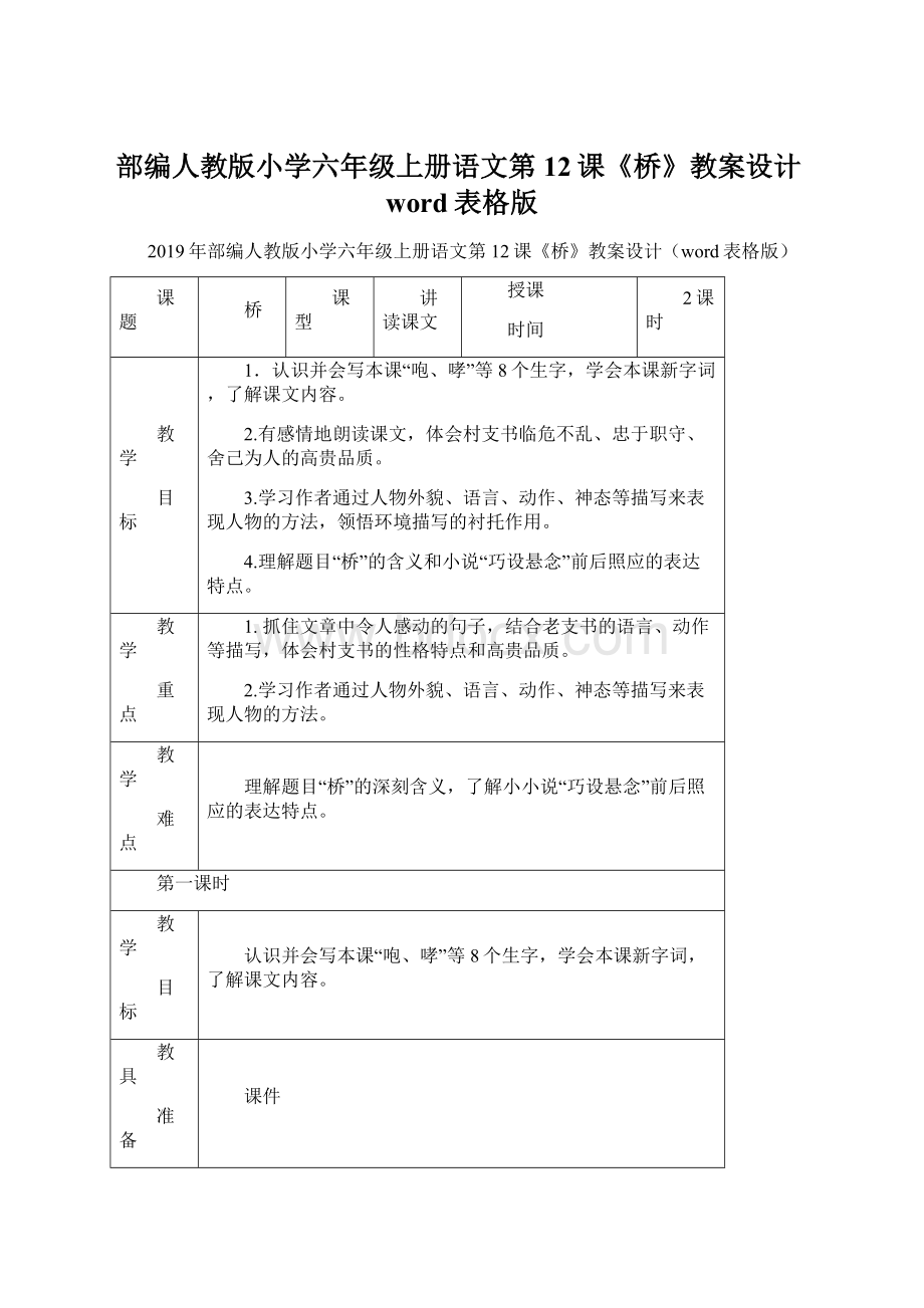 部编人教版小学六年级上册语文第12课《桥》教案设计word表格版Word格式.docx_第1页