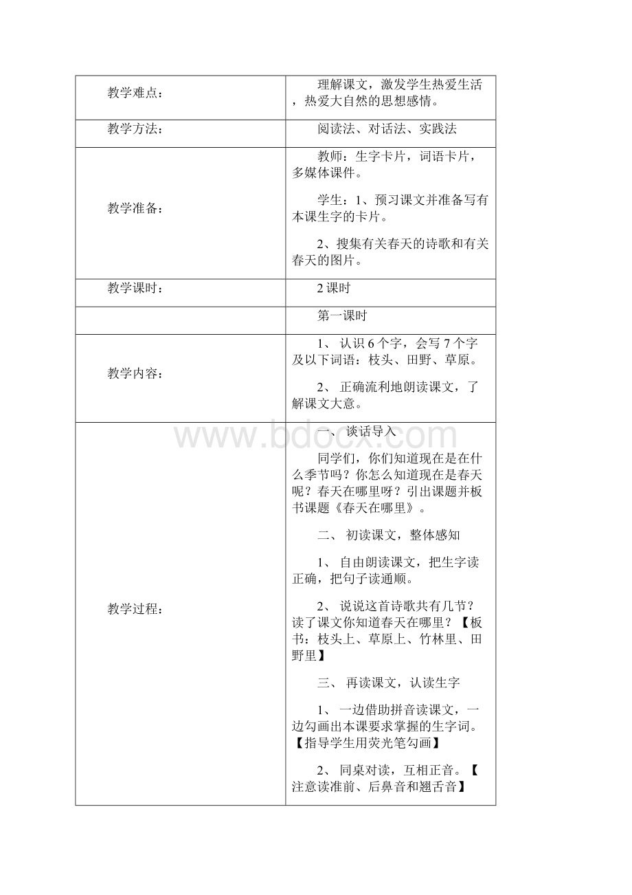 语文S版二年级下册第一单元教案表格式.docx_第2页