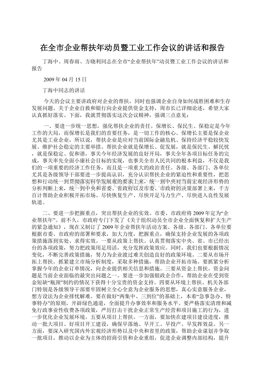 在全市企业帮扶年动员暨工业工作会议的讲话和报告.docx