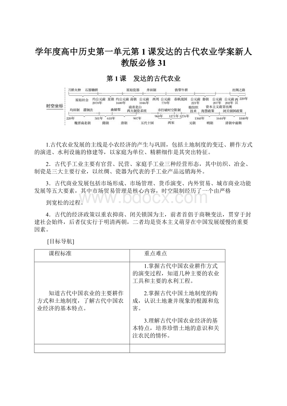 学年度高中历史第一单元第1课发达的古代农业学案新人教版必修31Word文件下载.docx