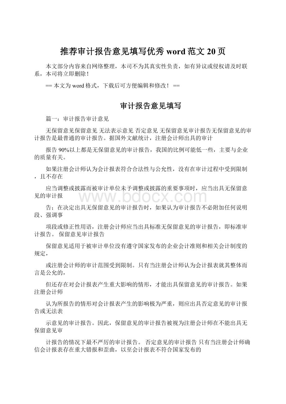 推荐审计报告意见填写优秀word范文 20页Word文件下载.docx