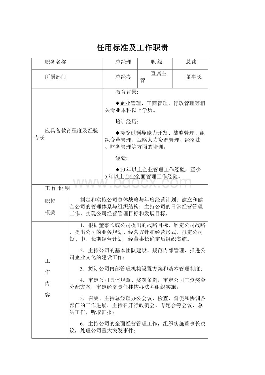 任用标准及工作职责Word文档下载推荐.docx