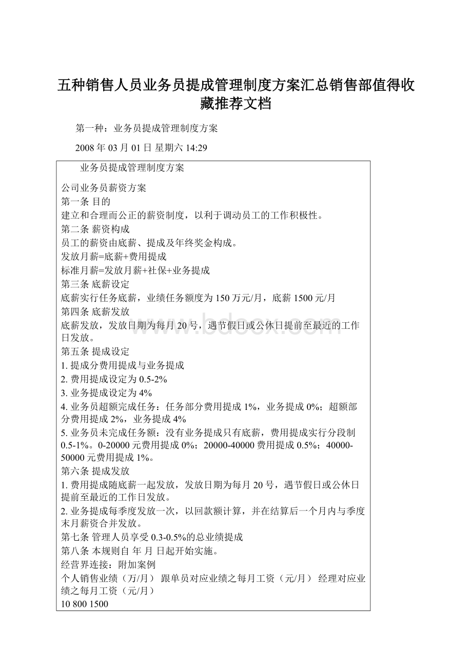 五种销售人员业务员提成管理制度方案汇总销售部值得收藏推荐文档.docx