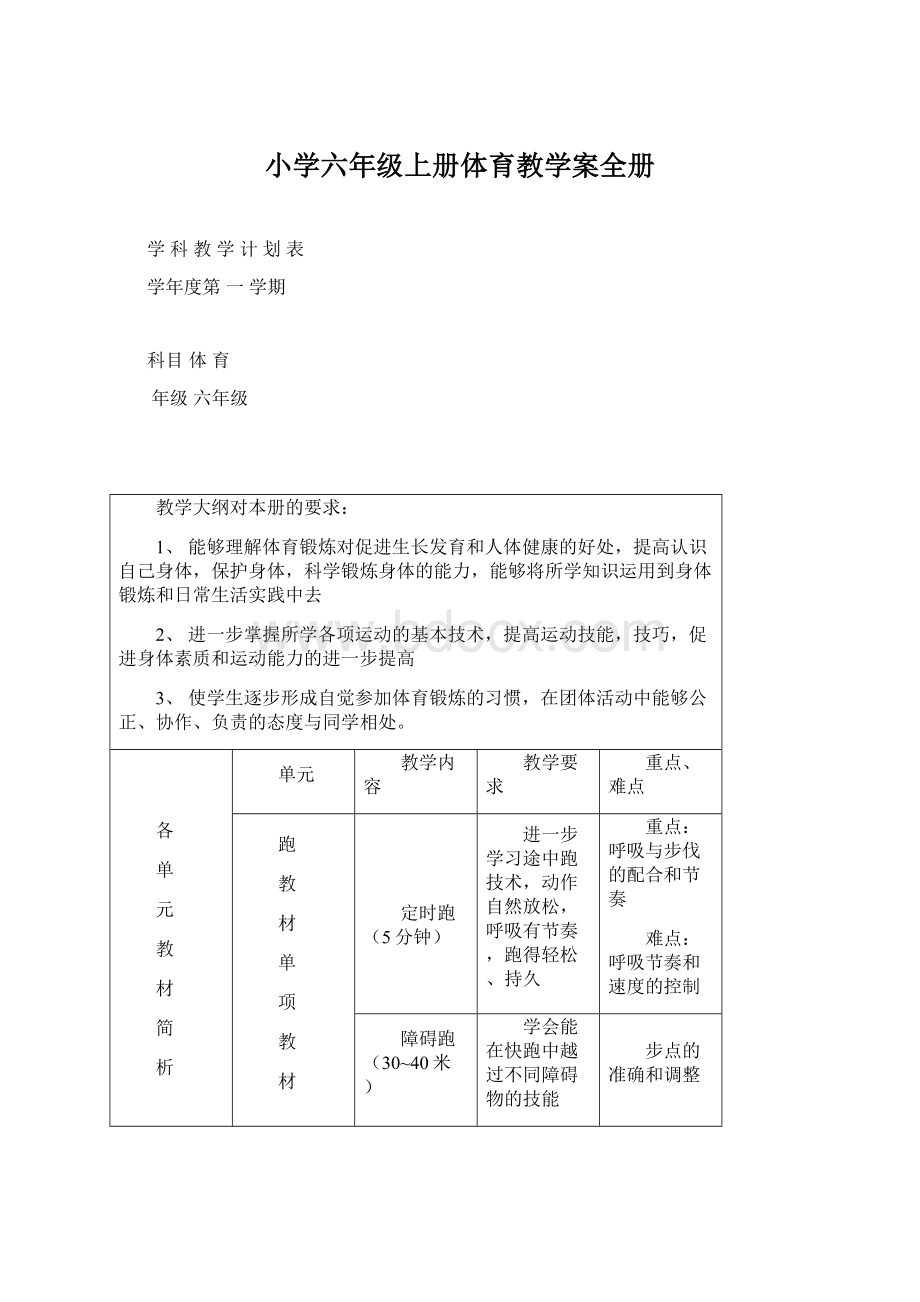 小学六年级上册体育教学案全册.docx_第1页