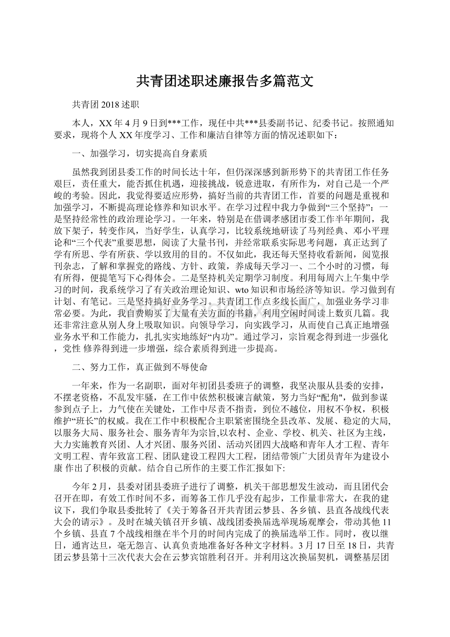 共青团述职述廉报告多篇范文文档格式.docx_第1页