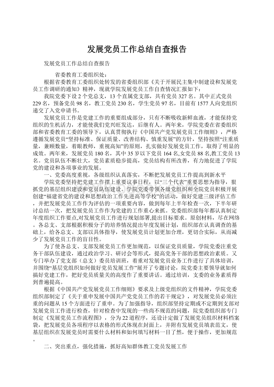 发展党员工作总结自查报告Word格式.docx