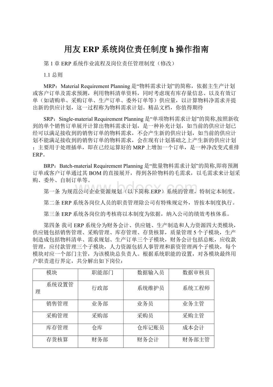 用友ERP系统岗位责任制度h操作指南Word下载.docx_第1页