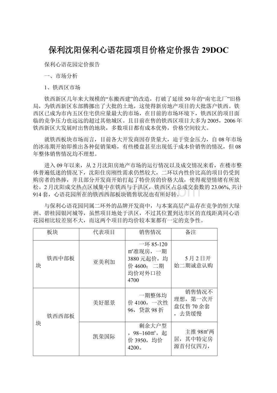 保利沈阳保利心语花园项目价格定价报告29DOCWord文件下载.docx