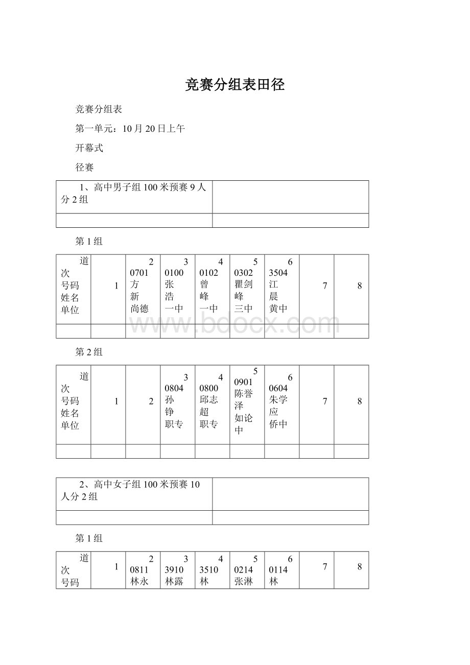 竞赛分组表田径Word文件下载.docx