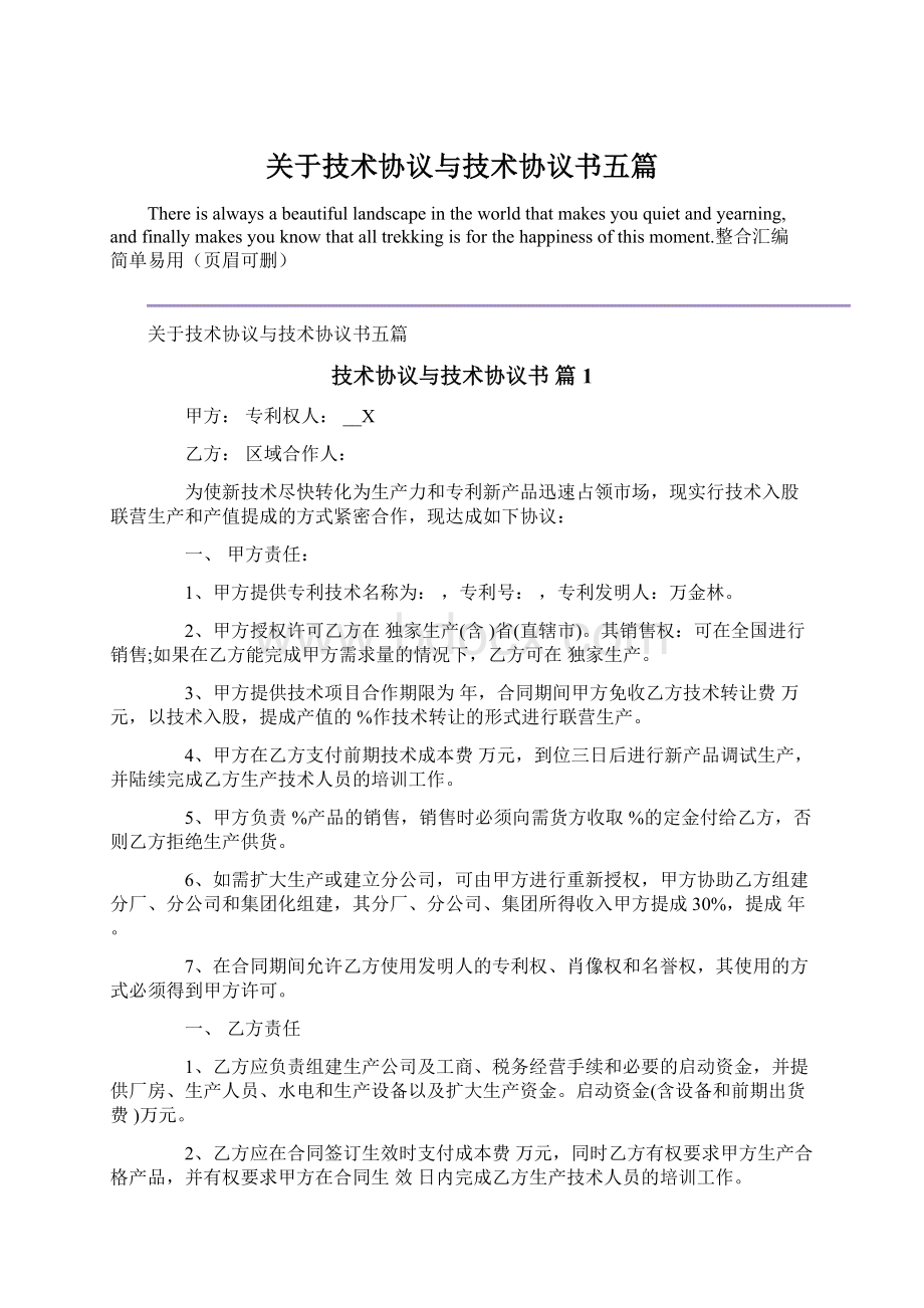 关于技术协议与技术协议书五篇Word文档格式.docx